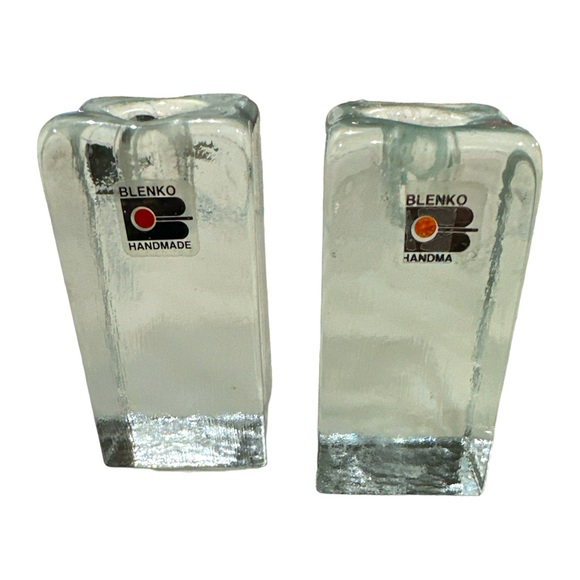blenko Other - BLENKO Glass 4” Ice Cube Taper Candle Holder w/Block B Blenko Sticker set of 2